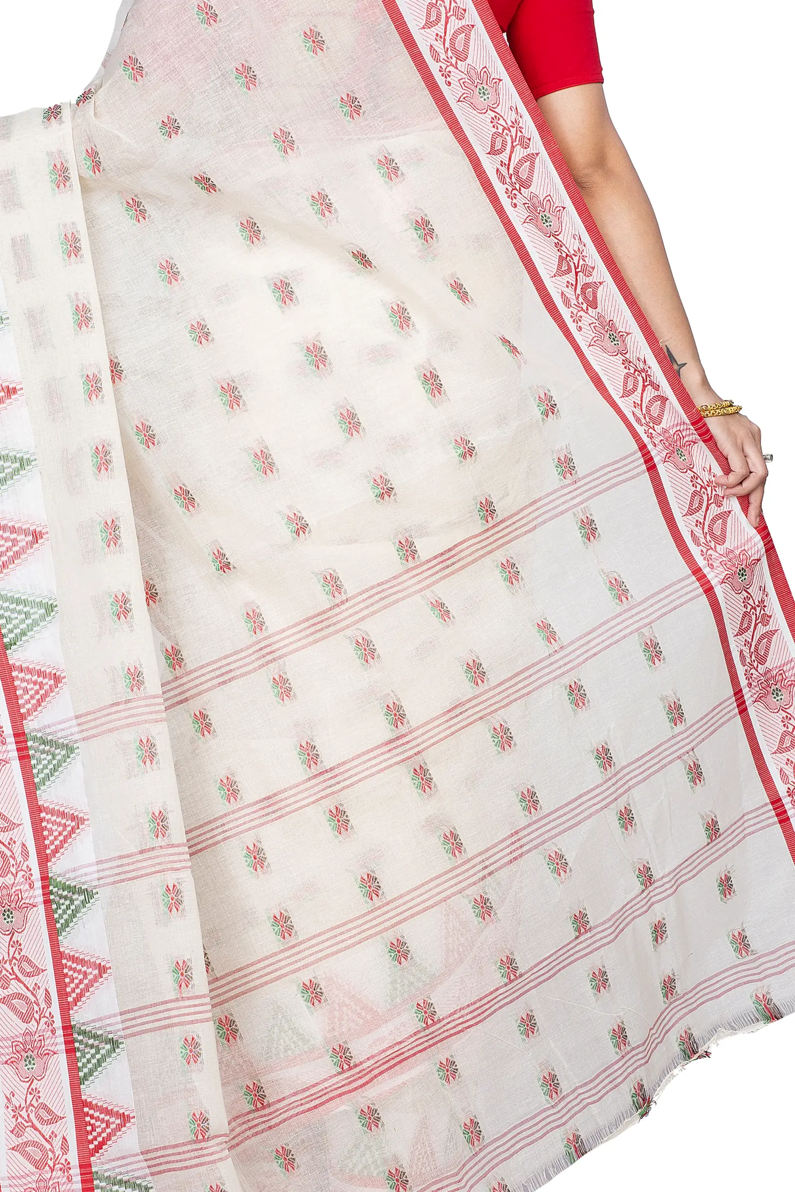 Red Pure Cotton Alkari Tant Saree (175)