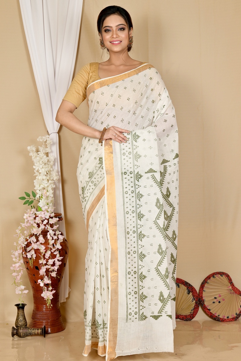 White Green Pure Cotton Ekta Print Tant Saree Print (1750)
