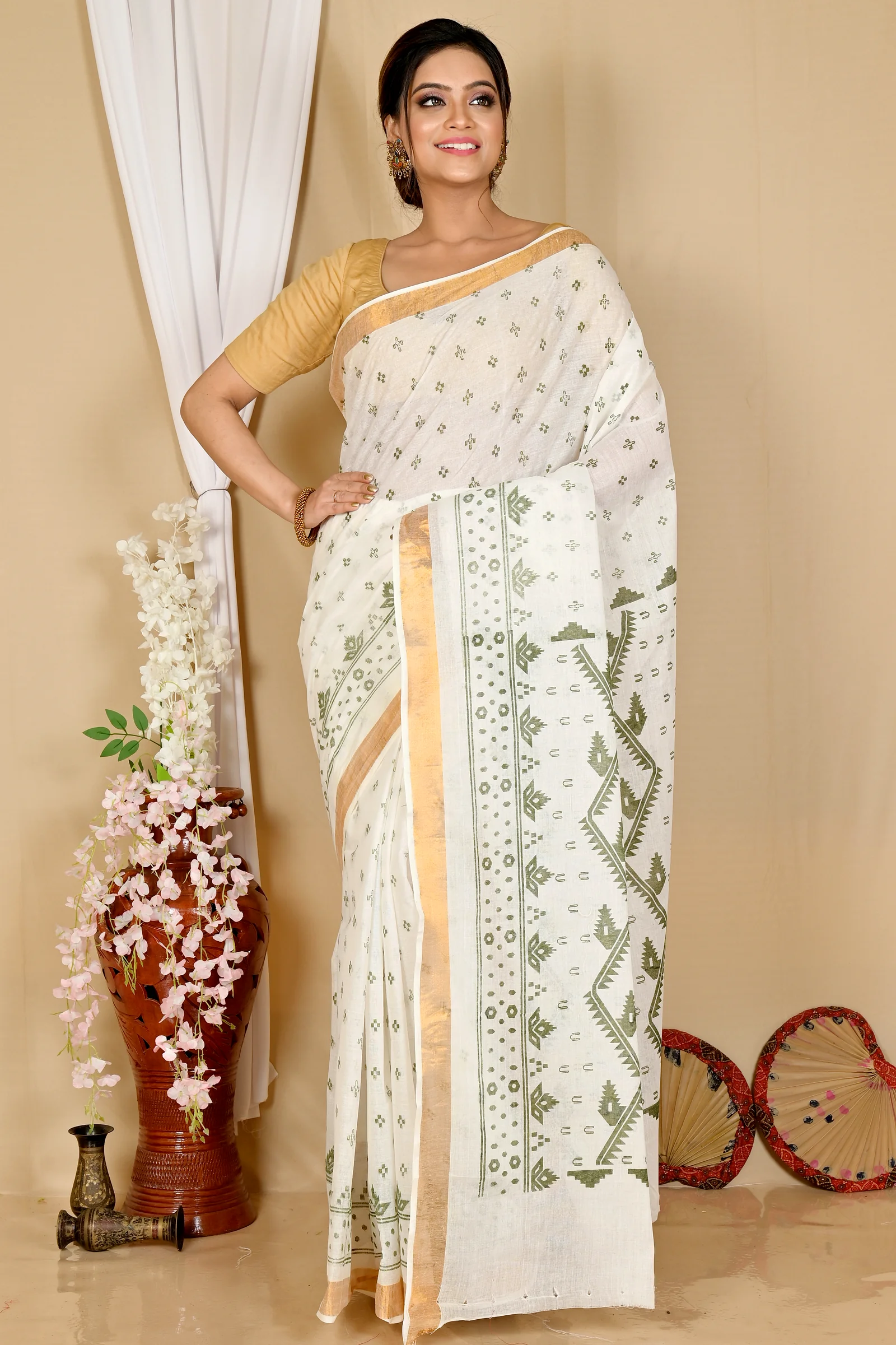 White Green Pure Cotton Ekta Print Tant Saree Print (1750)