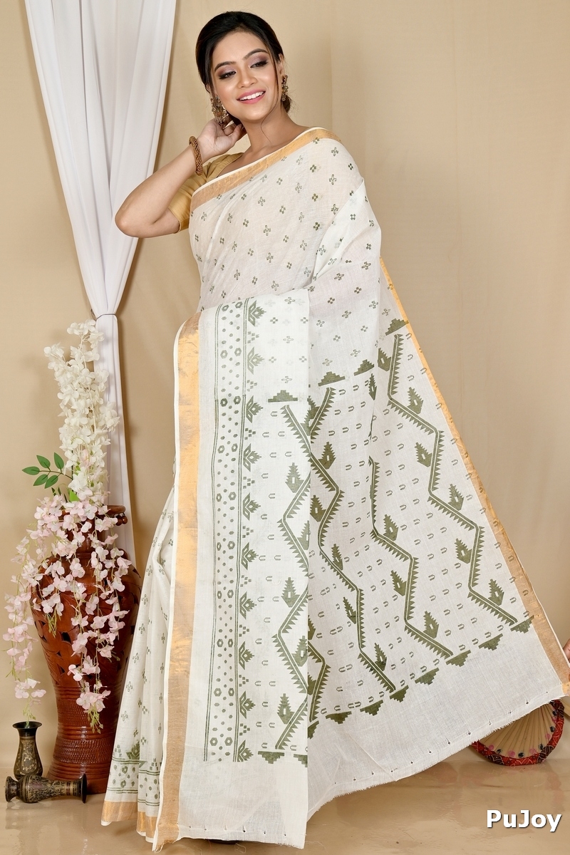 White Green Pure Cotton Ekta Print Tant Saree Print (1750)
