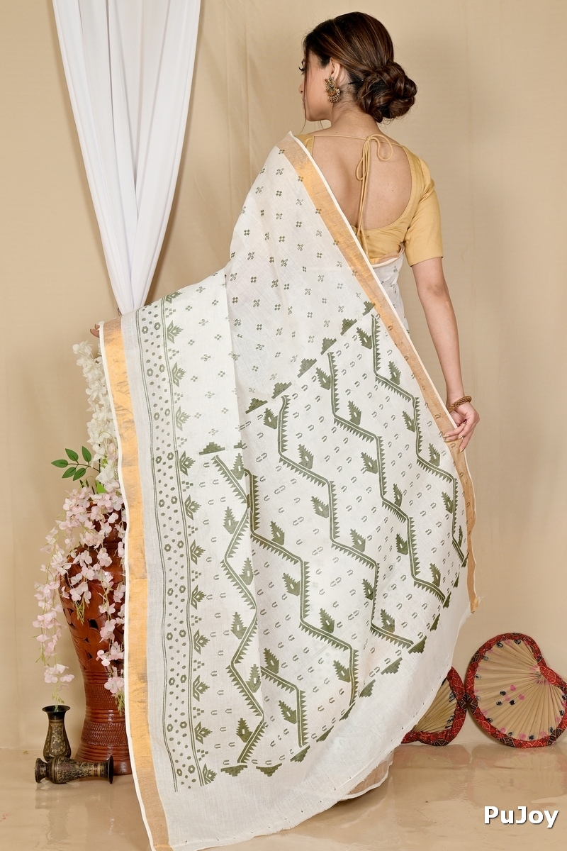White Green Pure Cotton Ekta Print Tant Saree Print (1750)