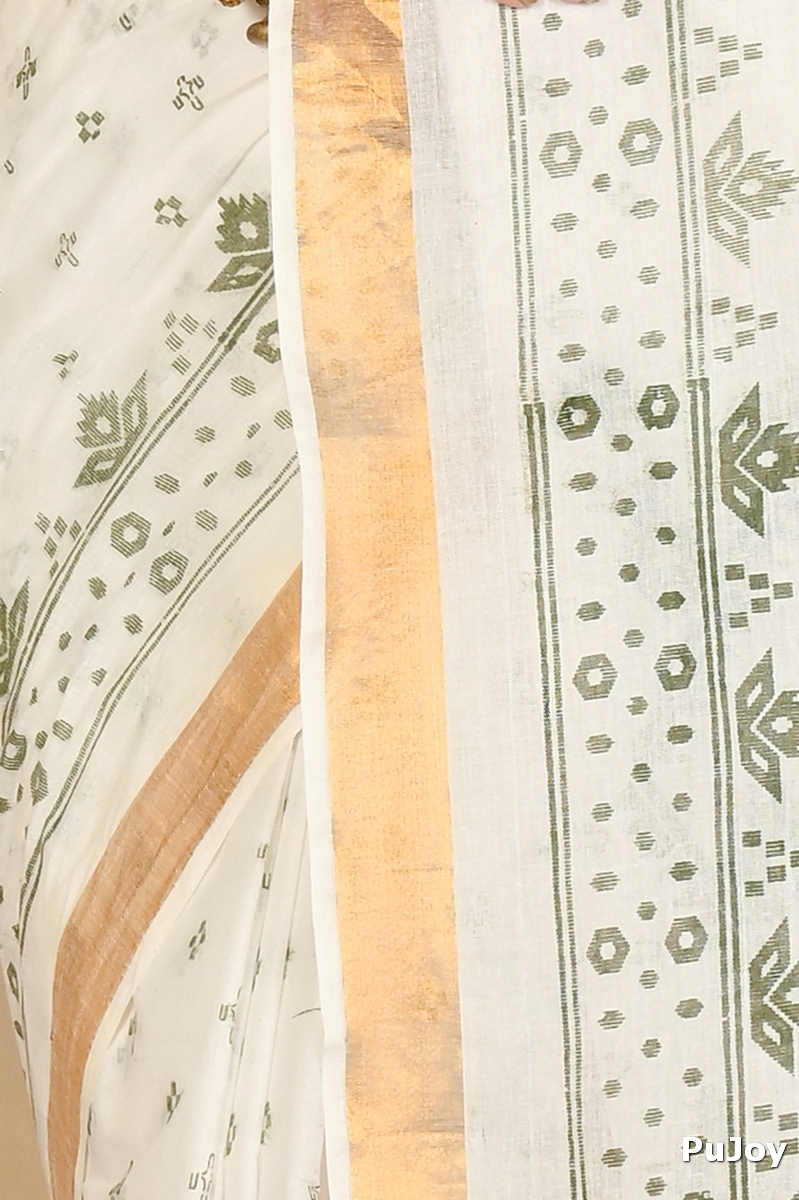 White Green Pure Cotton Ekta Print Tant Saree Print (1750)