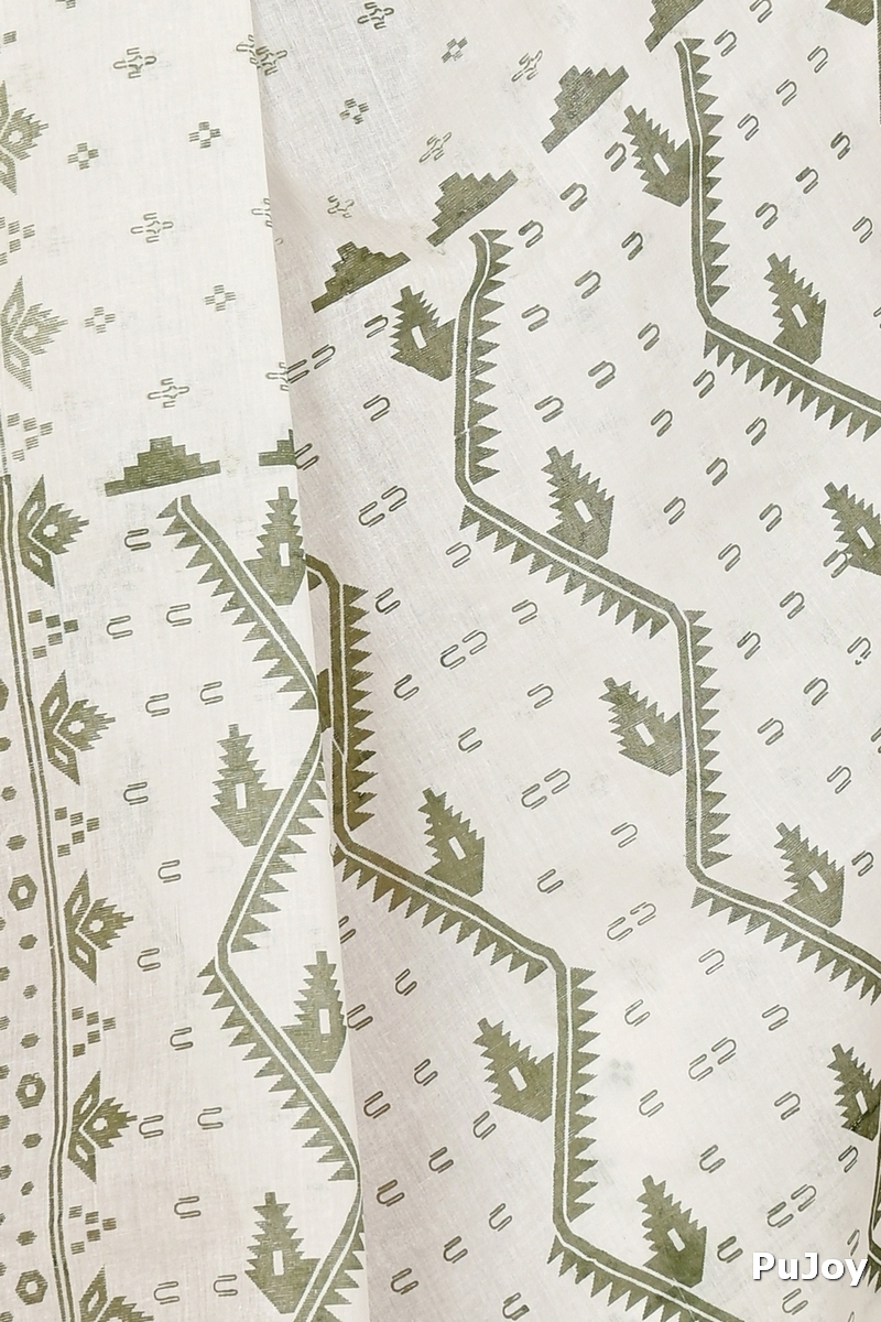 White Green Pure Cotton Ekta Print Tant Saree Print (1750)