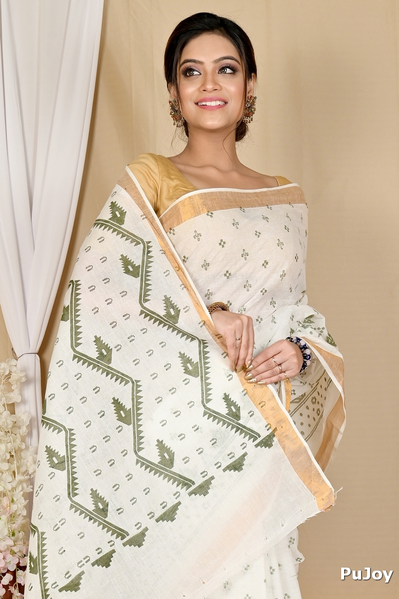 White Green Pure Cotton Ekta Print Tant Saree Print (1750)