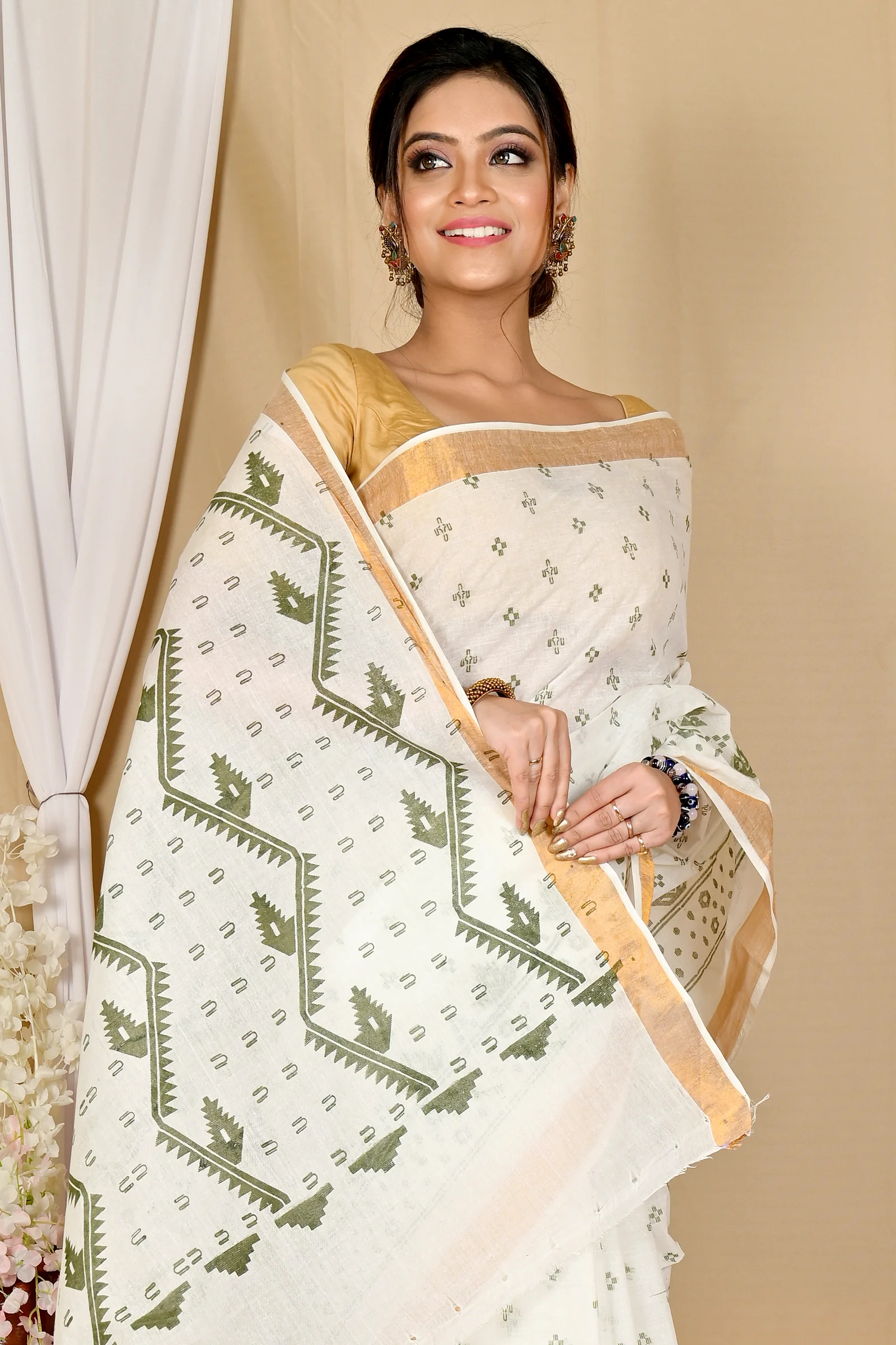 White Green Pure Cotton Ekta Print Tant Saree Print (1750)