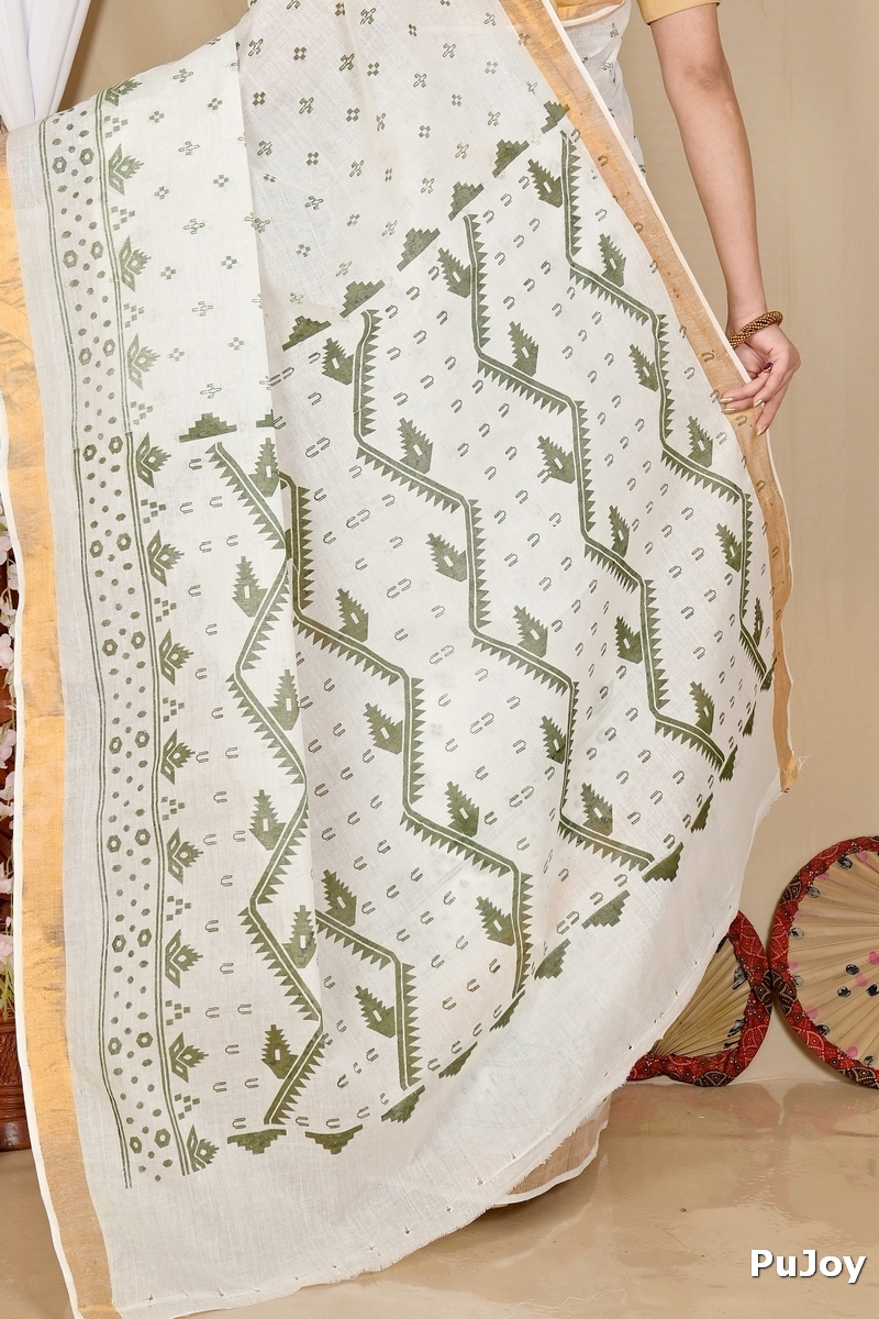 White Green Pure Cotton Ekta Print Tant Saree Print (1750)