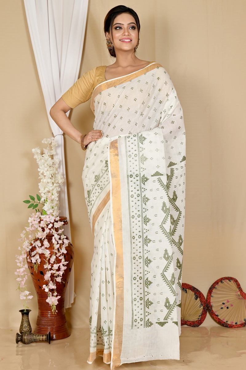 White Green Pure Cotton Ekta Print Tant Saree Print (1750)