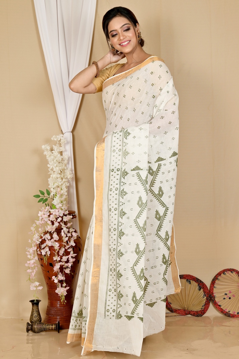 White Green Pure Cotton Ekta Print Tant Saree Print (1750)