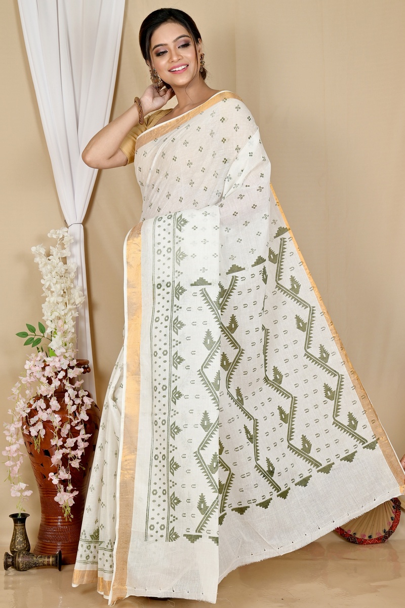 White Green Pure Cotton Ekta Print Tant Saree Print (1750)