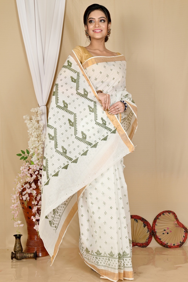 White Green Pure Cotton Ekta Print Tant Saree Print (1750)