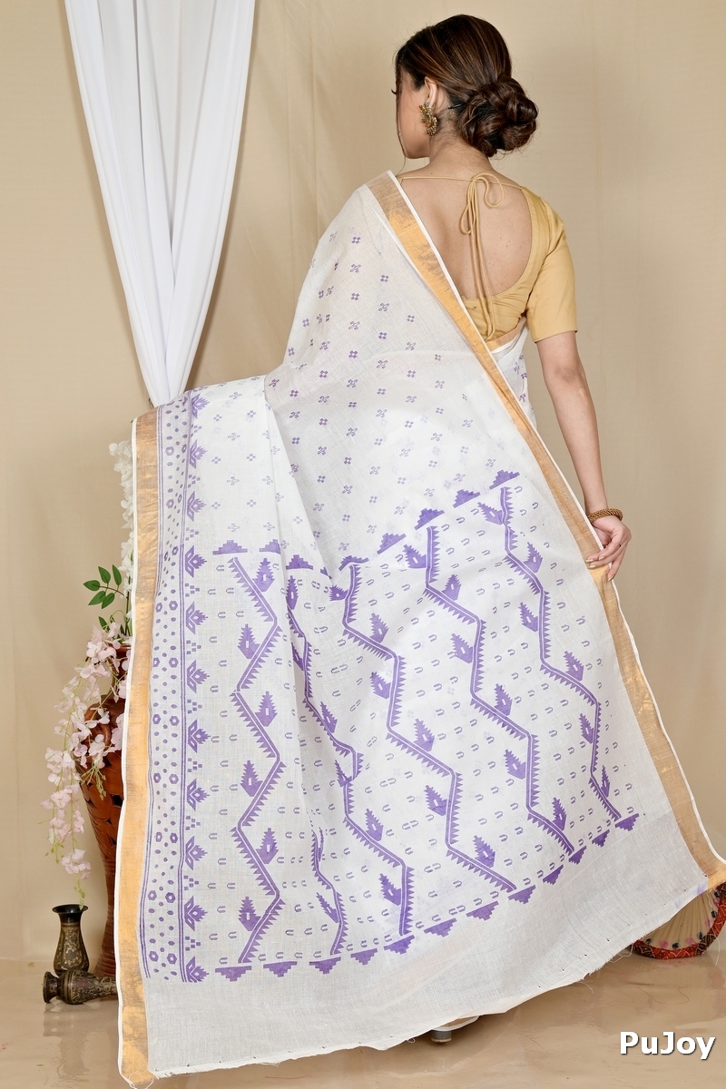 White Purple Pure Cotton Ekta Print Tant Saree Print (1751)