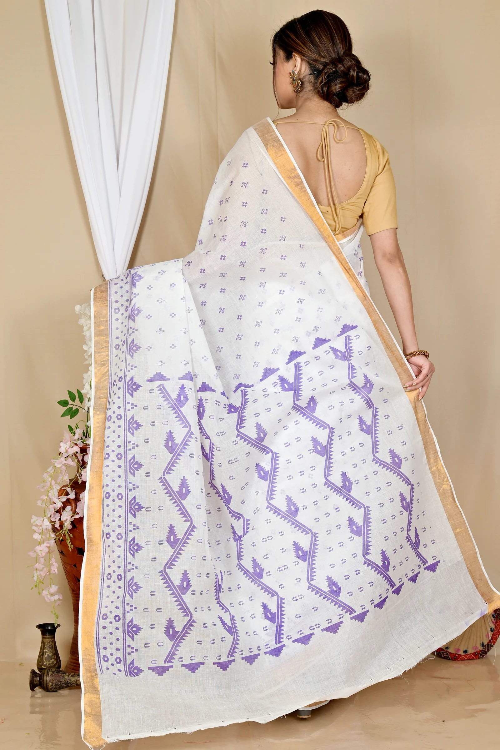 White Purple Pure Cotton Ekta Print Tant Saree Print (1751)