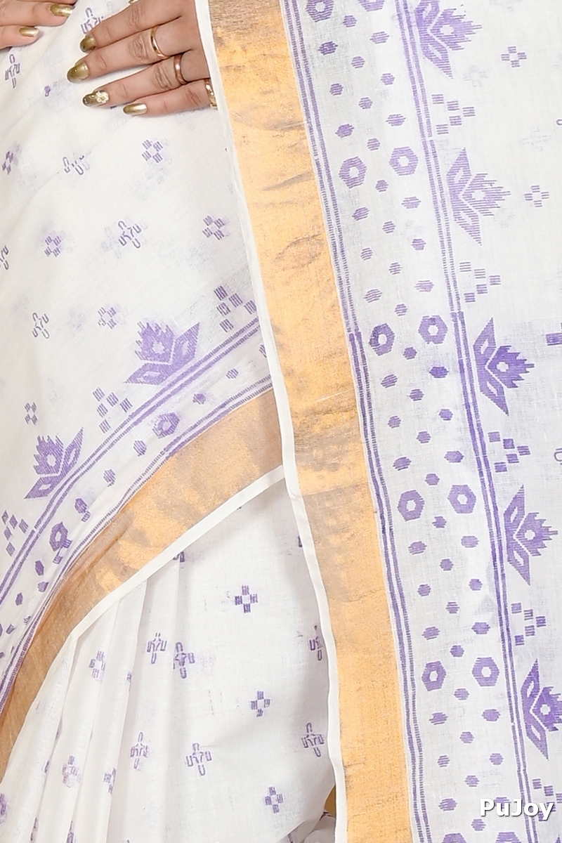 White Purple Pure Cotton Ekta Print Tant Saree Print (1751)