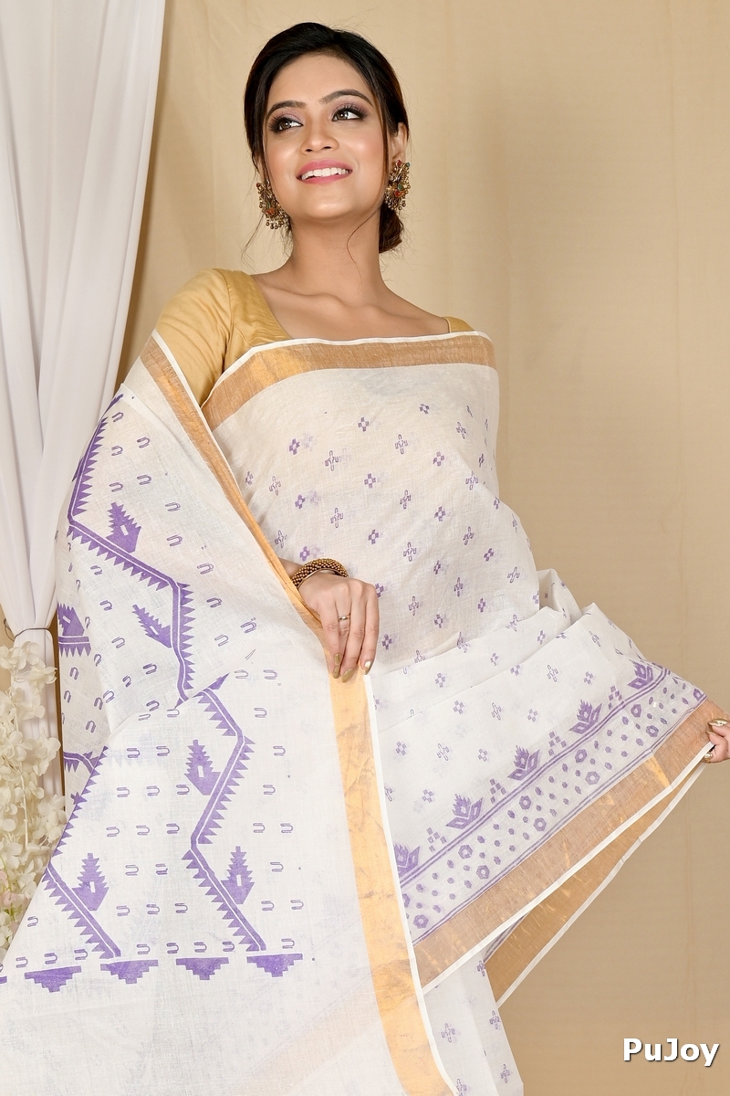 White Purple Pure Cotton Ekta Print Tant Saree Print (1751)