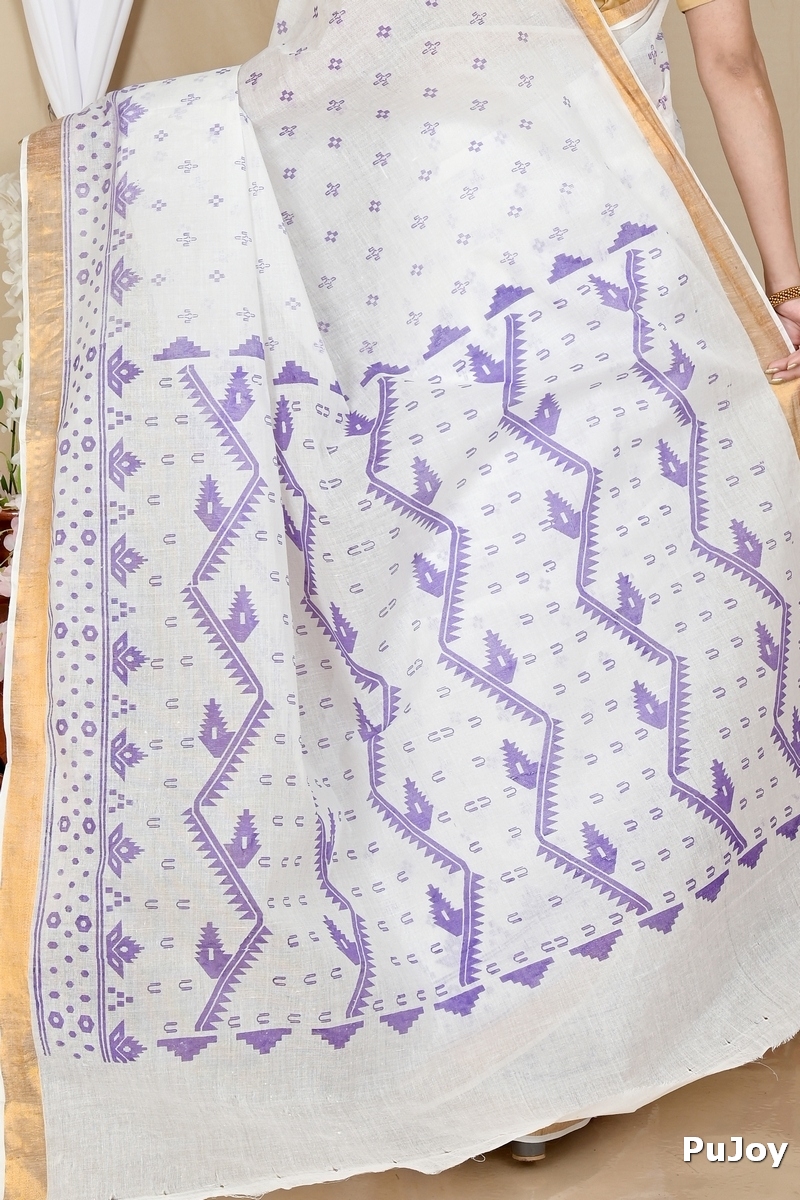 White Purple Pure Cotton Ekta Print Tant Saree Print (1751)