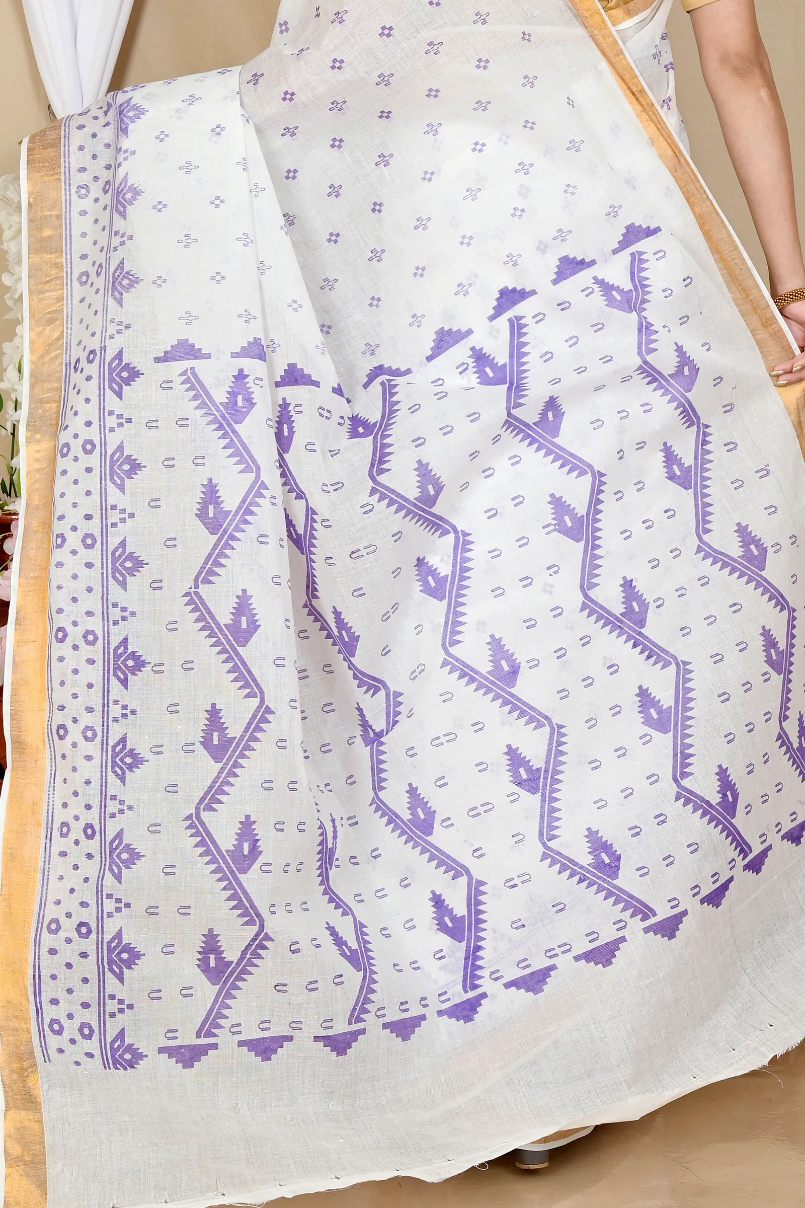 White Purple Pure Cotton Ekta Print Tant Saree Print (1751)