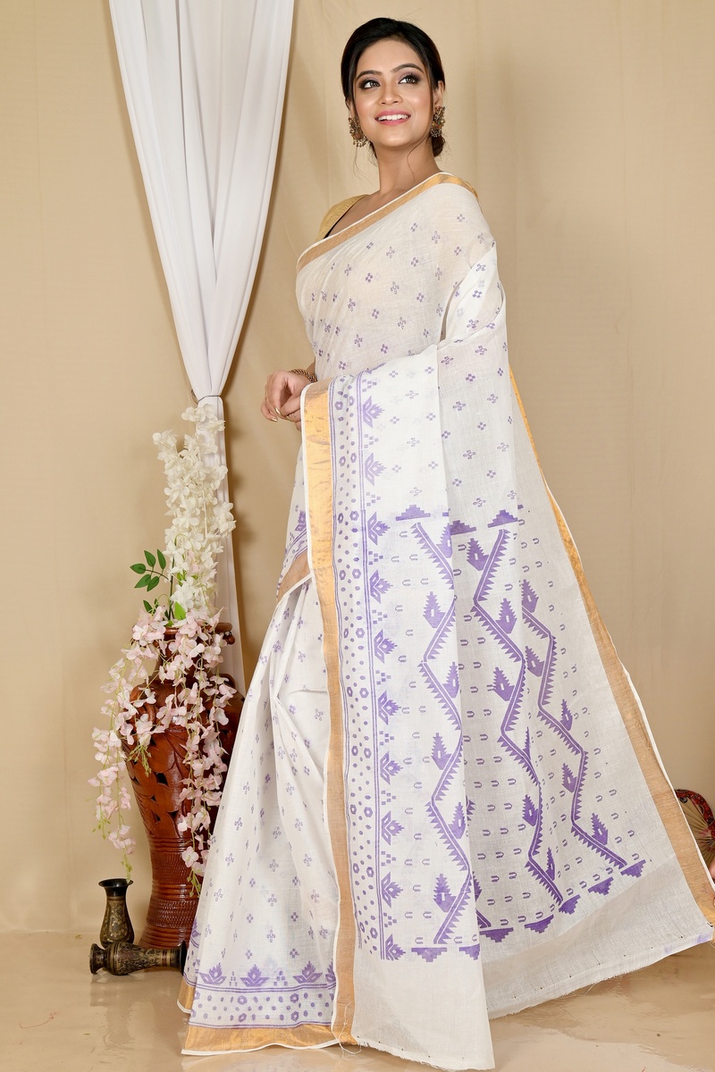 White Purple Pure Cotton Ekta Print Tant Saree Print (1751)