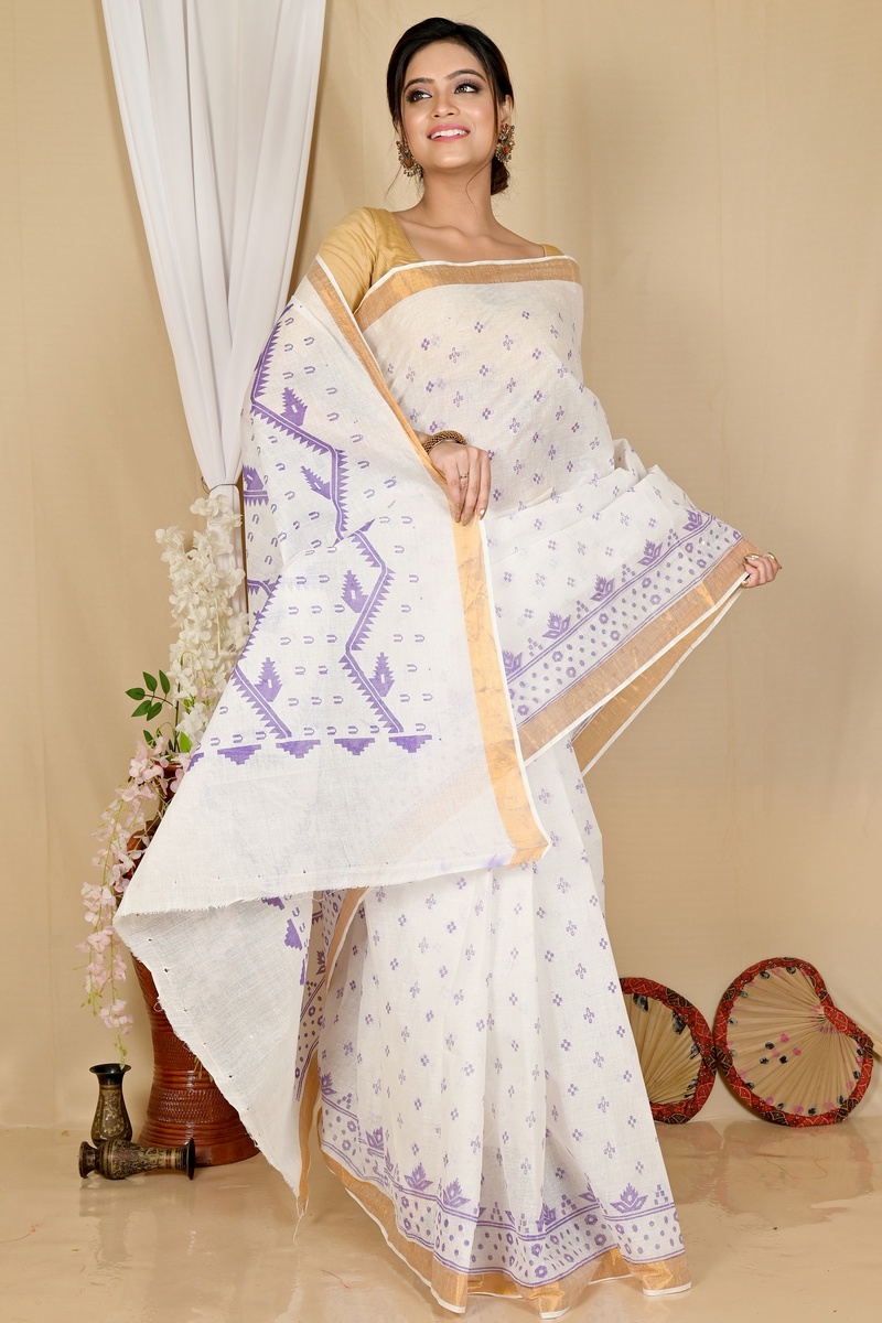 White Purple Pure Cotton Ekta Print Tant Saree Print (1751)