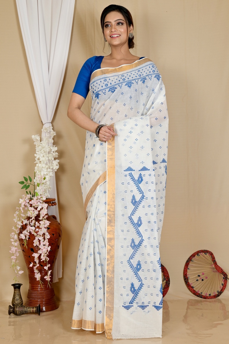 White Blue Pure Cotton Ekta Print Tant Saree Print (1752)