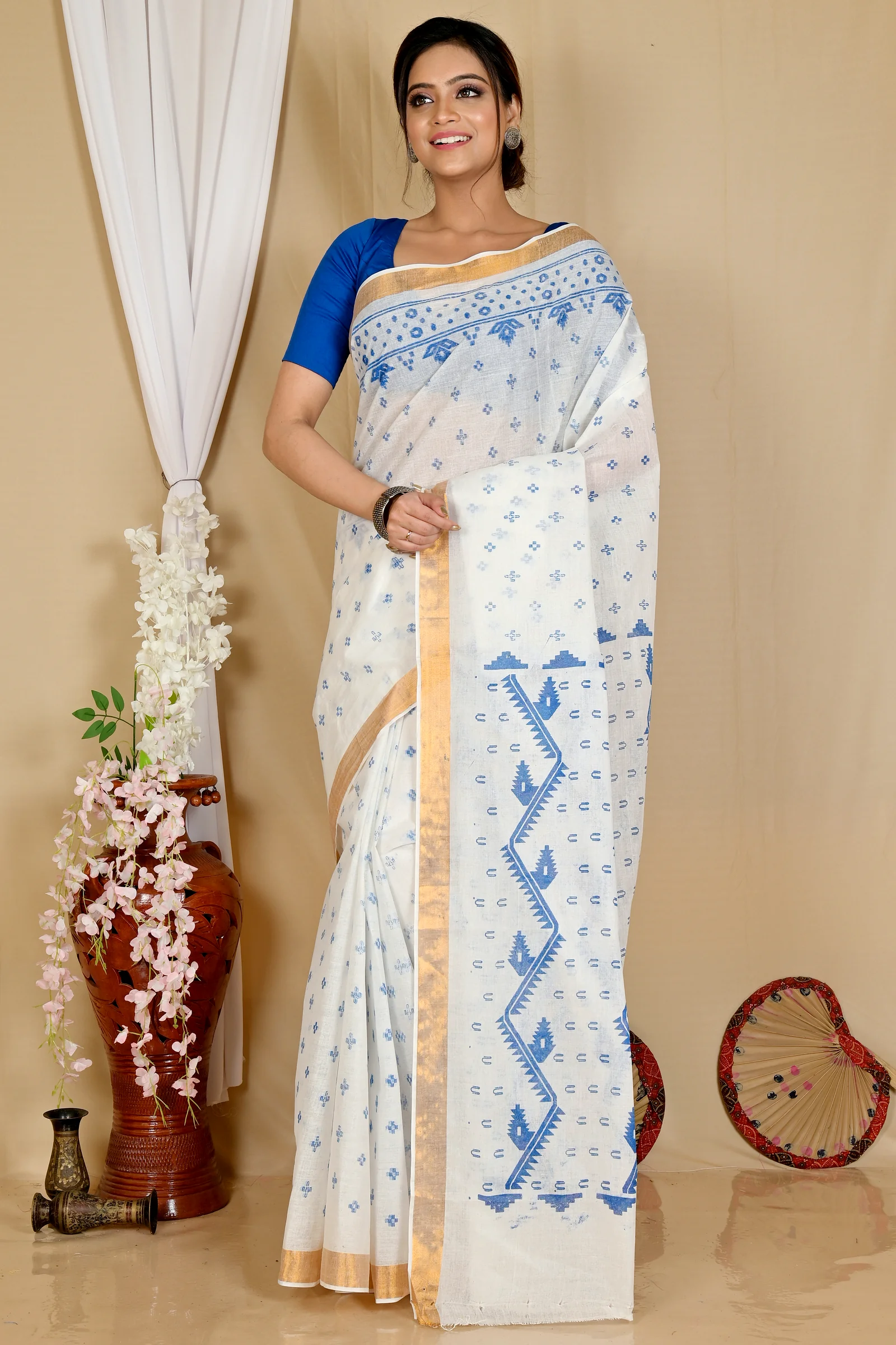 White Blue Pure Cotton Ekta Print Tant Saree Print (1752)