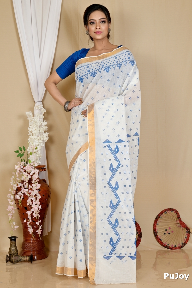 White Blue Pure Cotton Ekta Print Tant Saree Print (1752)
