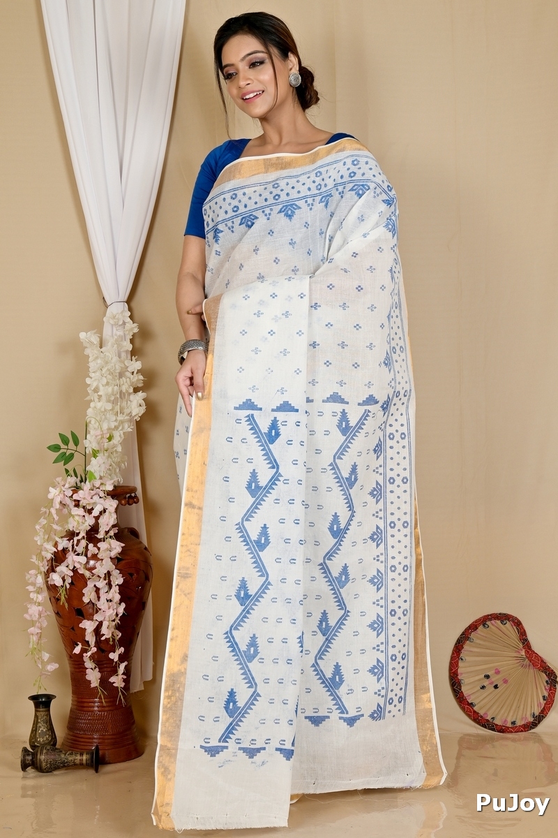 White Blue Pure Cotton Ekta Print Tant Saree Print (1752)