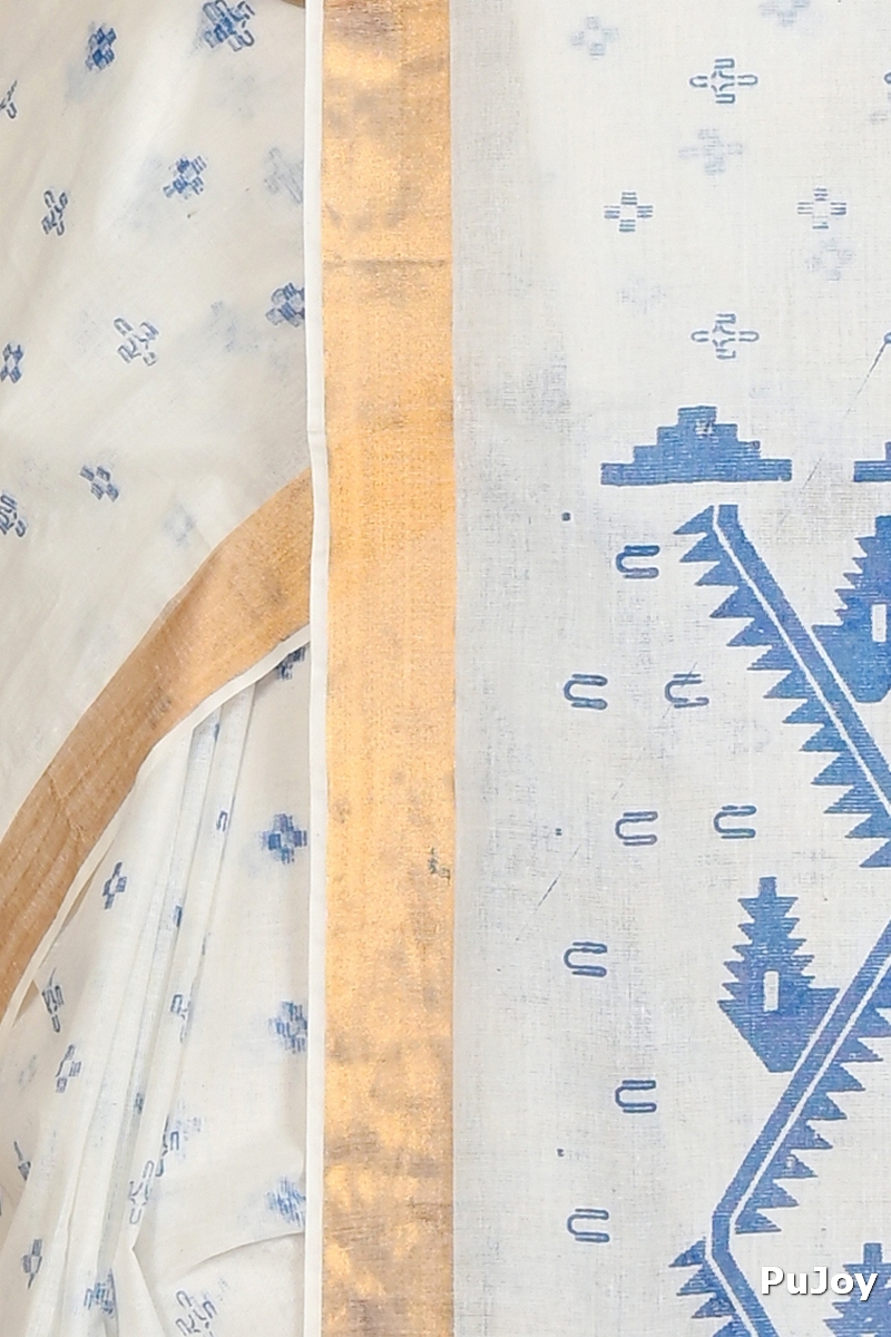 White Blue Pure Cotton Ekta Print Tant Saree Print (1752)