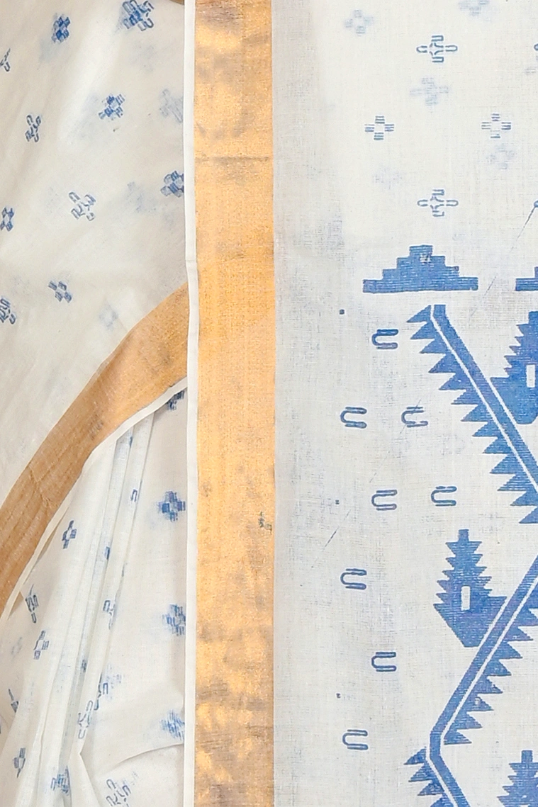 White Blue Pure Cotton Ekta Print Tant Saree Print (1752)
