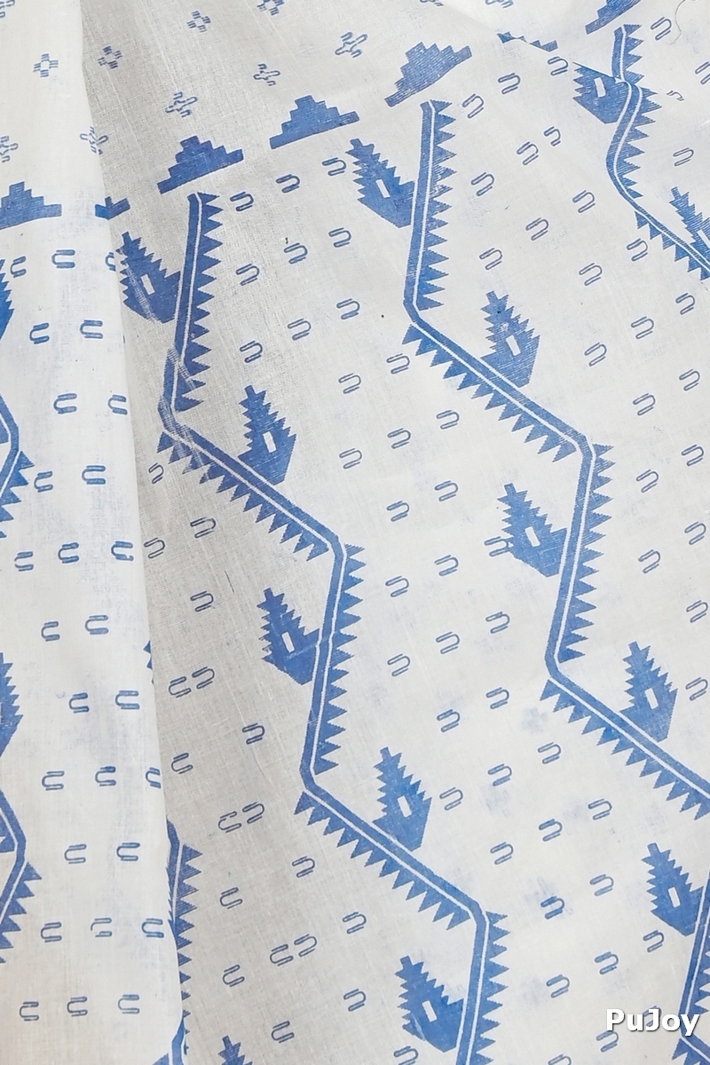 White Blue Pure Cotton Ekta Print Tant Saree Print (1752)