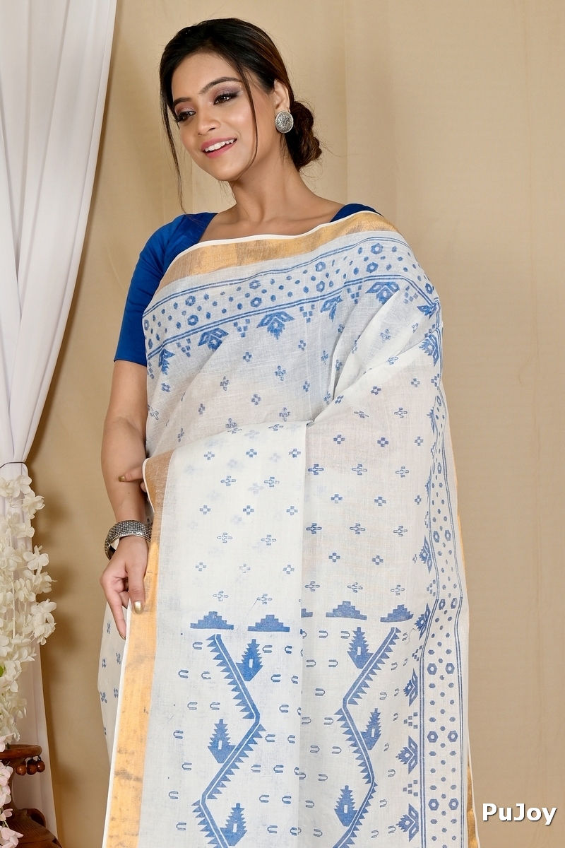 White Blue Pure Cotton Ekta Print Tant Saree Print (1752)