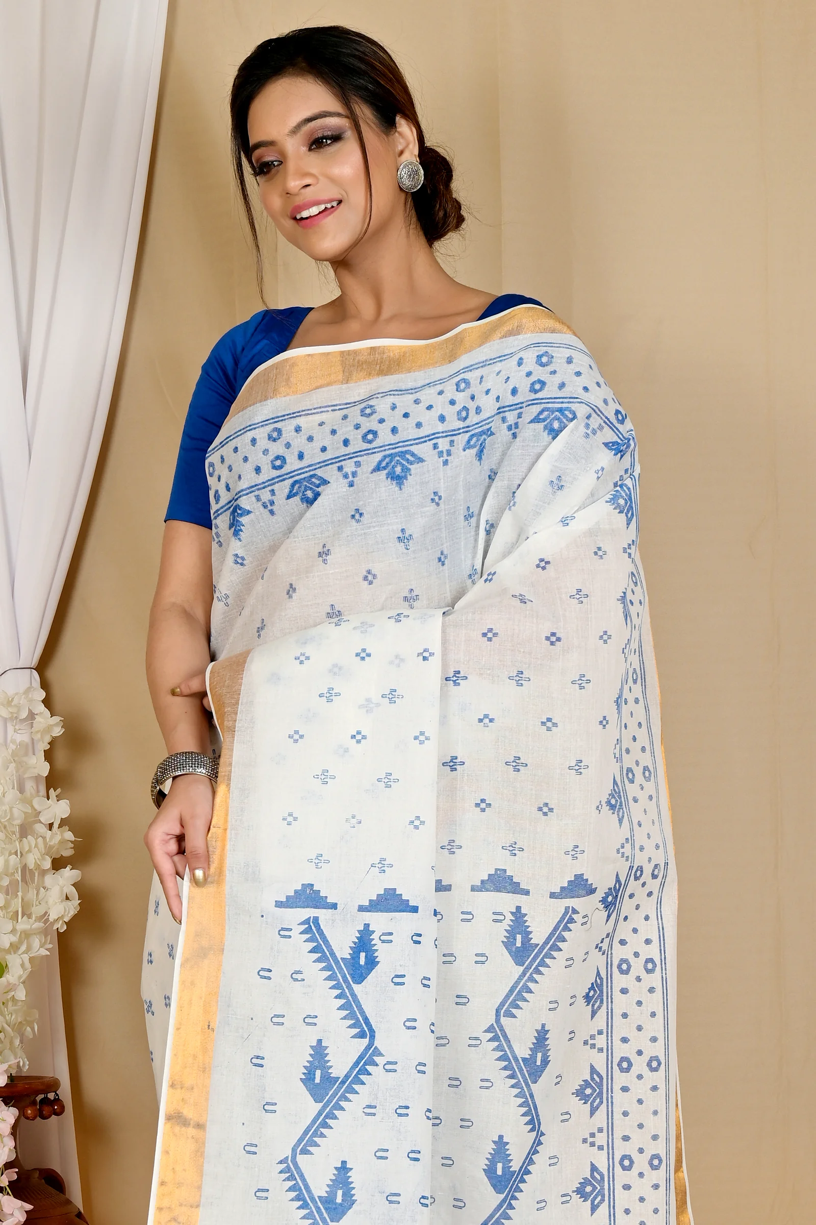 White Blue Pure Cotton Ekta Print Tant Saree Print (1752)