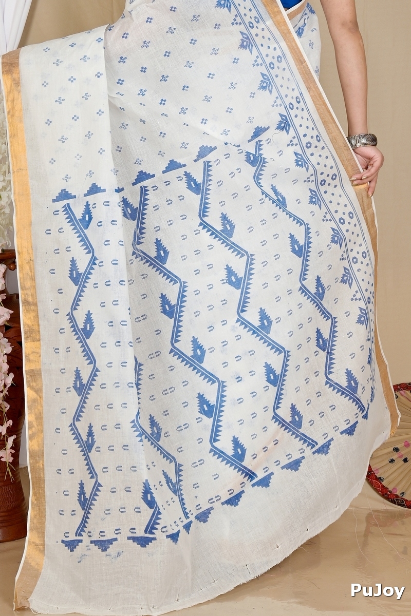 White Blue Pure Cotton Ekta Print Tant Saree Print (1752)