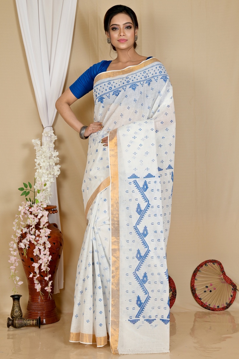 White Blue Pure Cotton Ekta Print Tant Saree Print (1752)