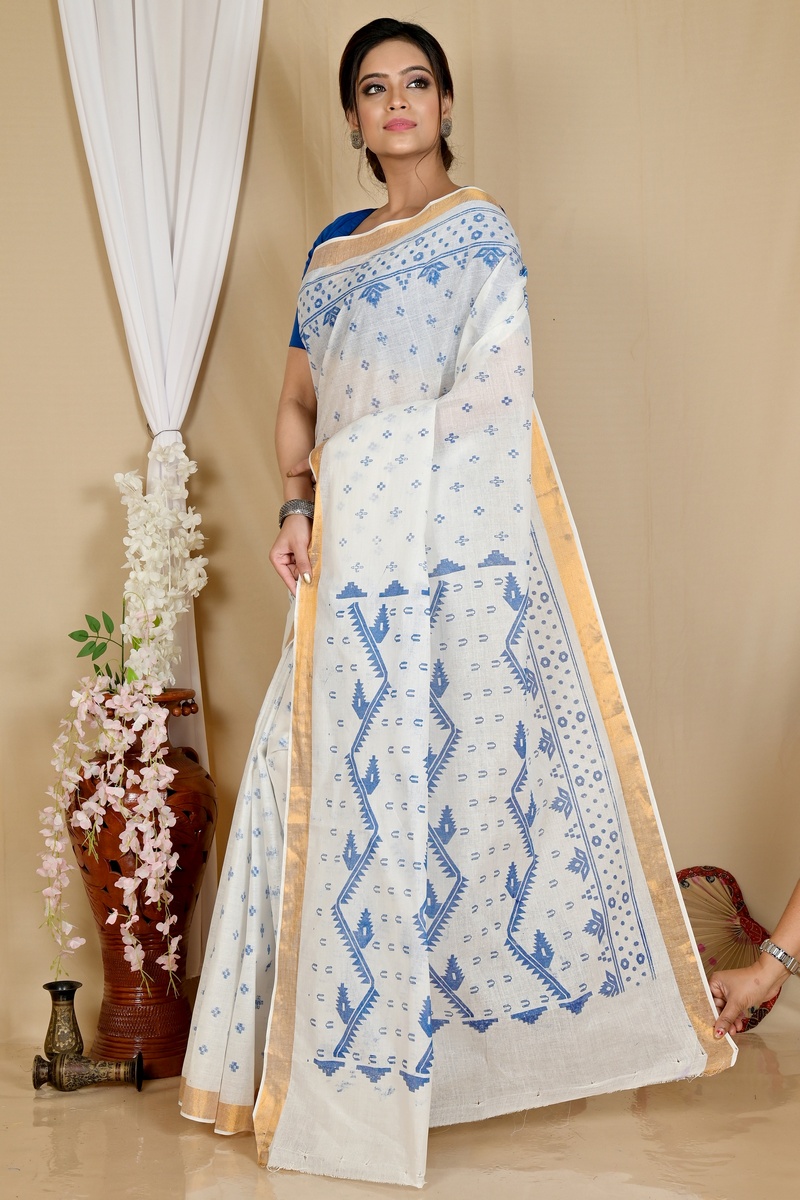 White Blue Pure Cotton Ekta Print Tant Saree Print (1752)