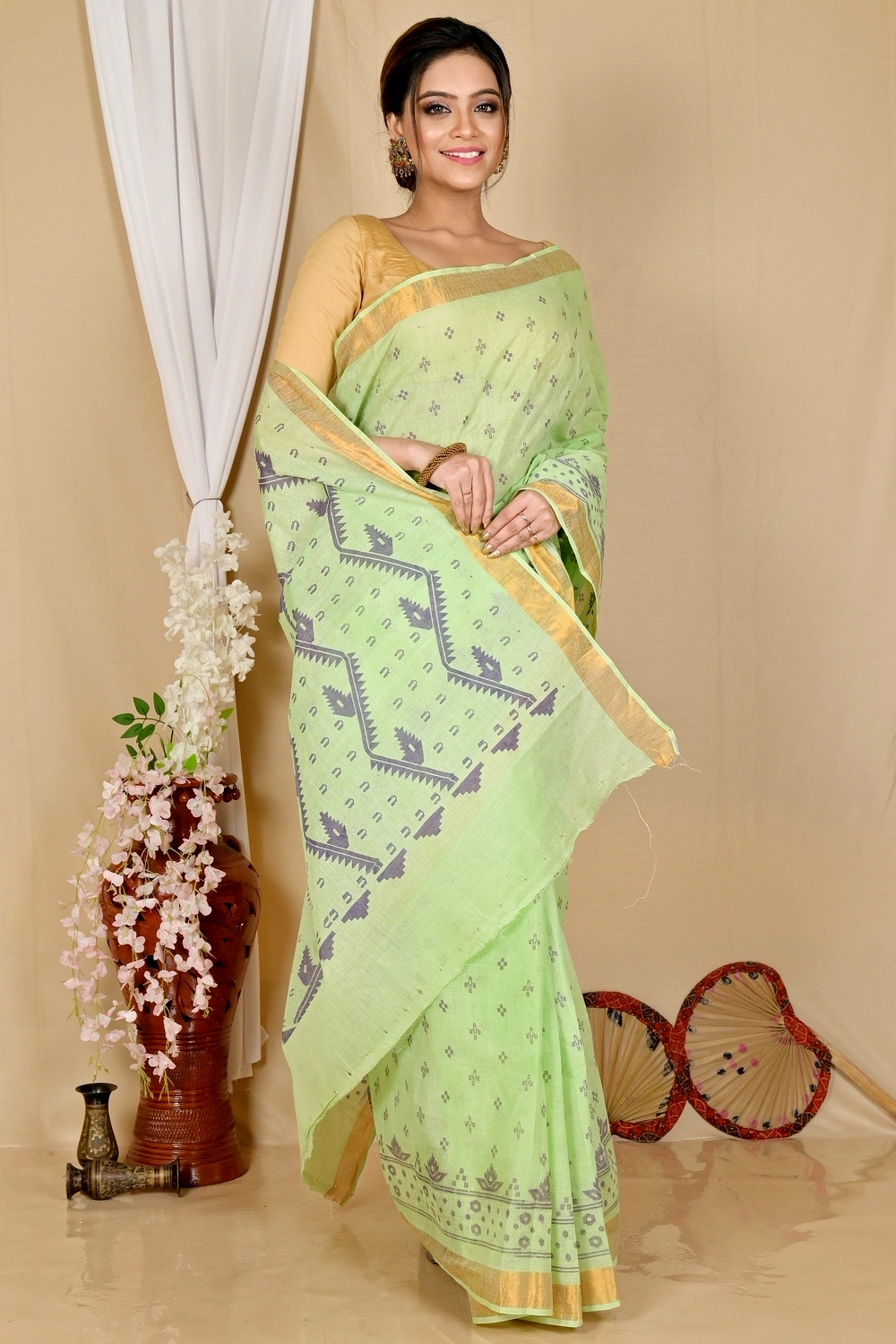 Green Pure Cotton Luvna Tant Saree Print (1753)