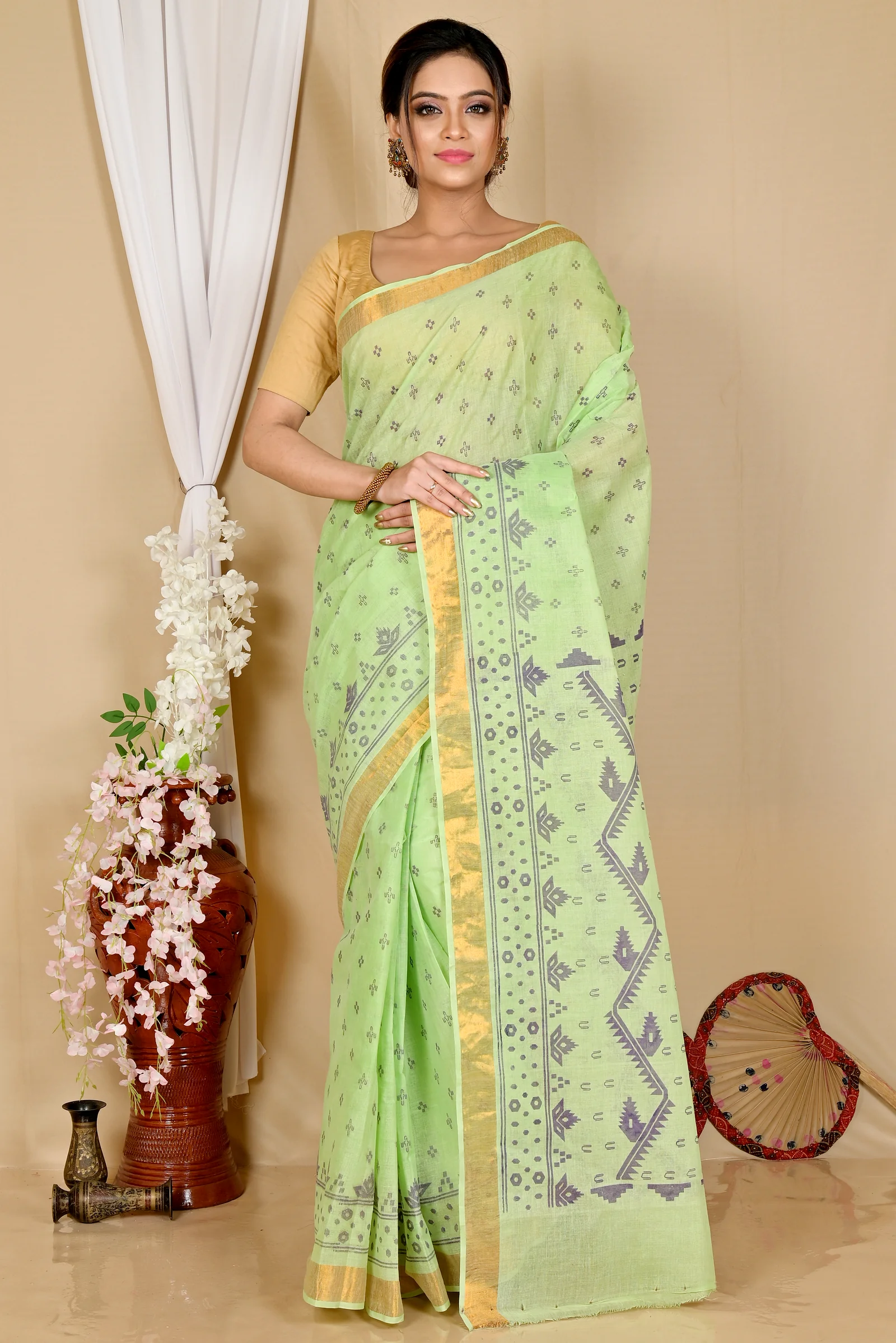 Green Pure Cotton Luvna Tant Saree Print (1753)