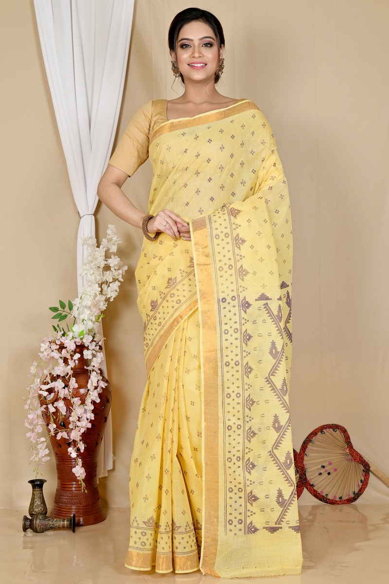 Yellow Pure Cotton Luvna Tant Saree Print (1754)