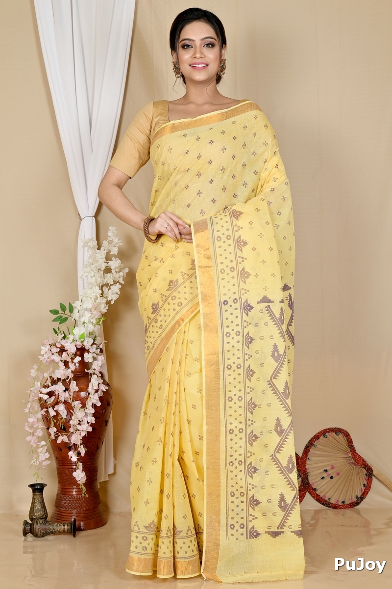 Yellow Pure Cotton Luvna Tant Saree Print (1754)