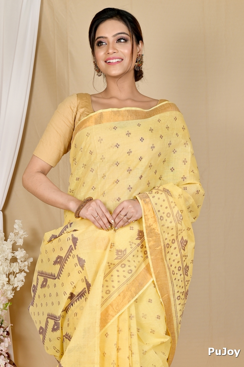 Yellow Pure Cotton Luvna Tant Saree Print (1754)