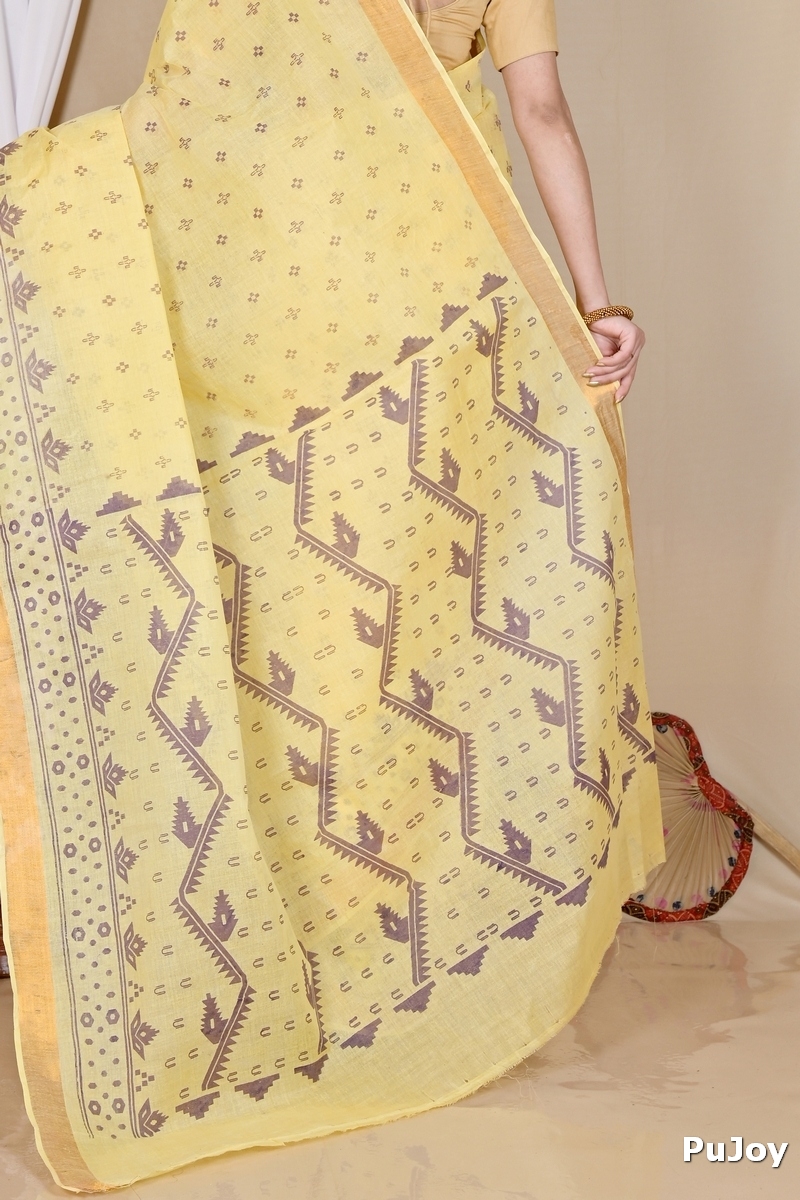 Yellow Pure Cotton Luvna Tant Saree Print (1754)