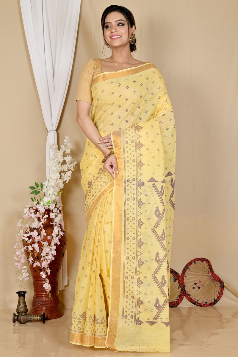 Yellow Pure Cotton Luvna Tant Saree Print (1754)