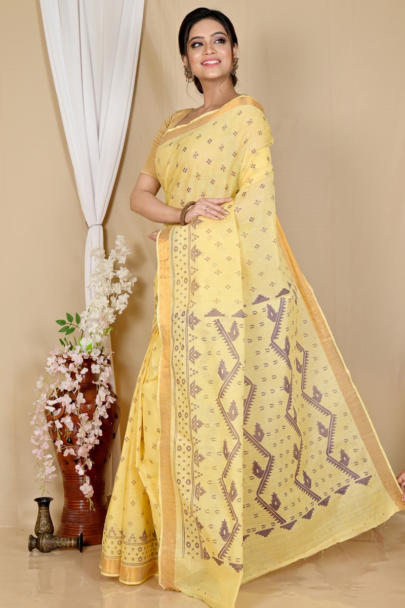 Yellow Pure Cotton Luvna Tant Saree Print (1754)