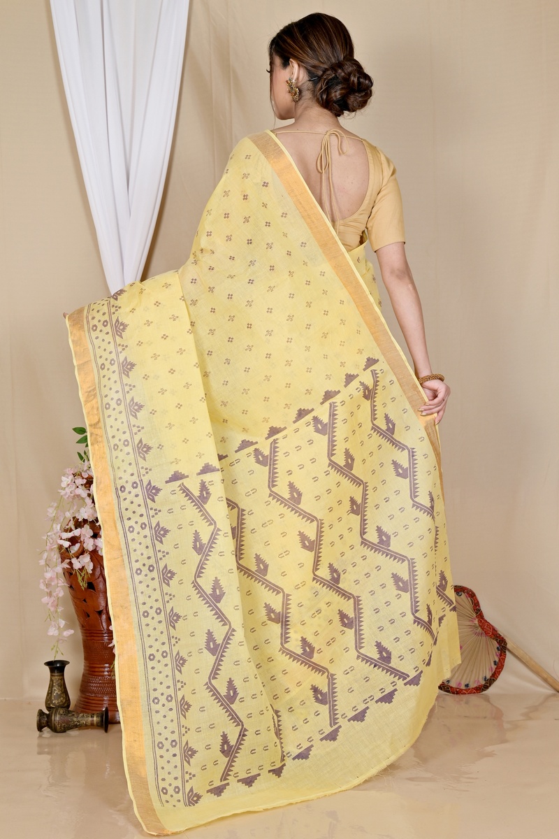 Yellow Pure Cotton Luvna Tant Saree Print (1754)