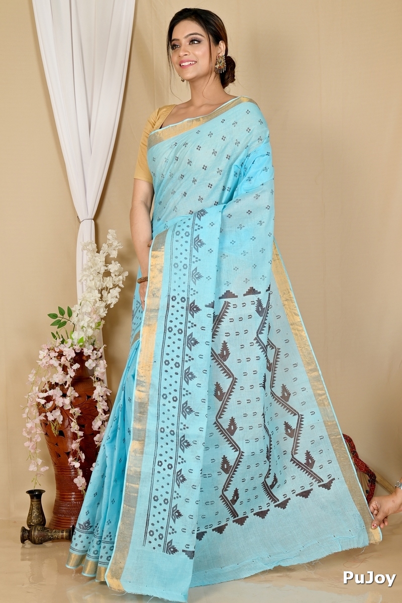 Sky Blue Pure Cotton Luvna Tant Saree Print (1755)