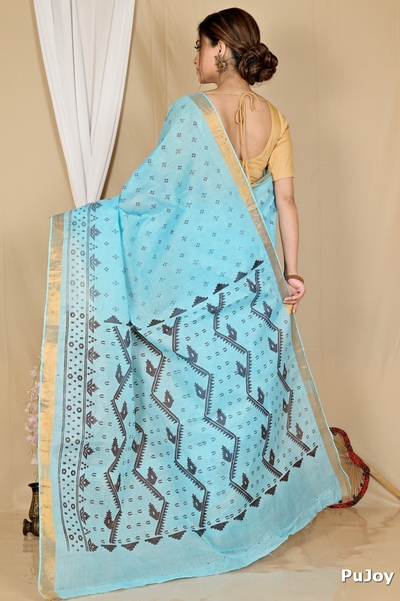 Sky Blue Pure Cotton Luvna Tant Saree Print (1755)