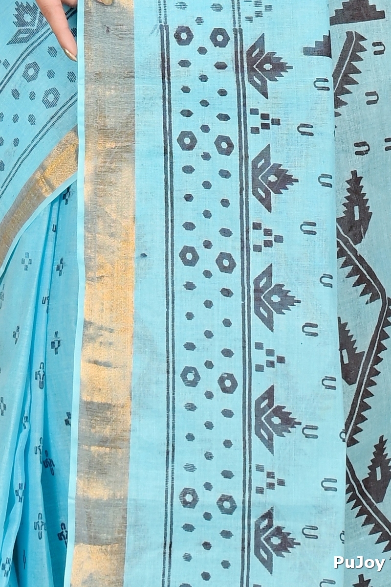Sky Blue Pure Cotton Luvna Tant Saree Print (1755)