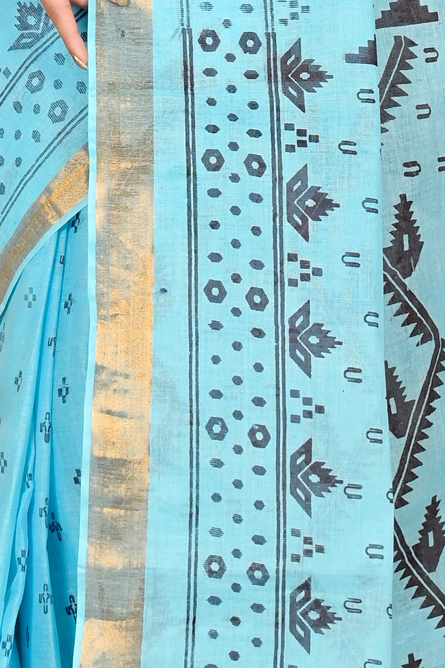 Sky Blue Pure Cotton Luvna Tant Saree Print (1755)