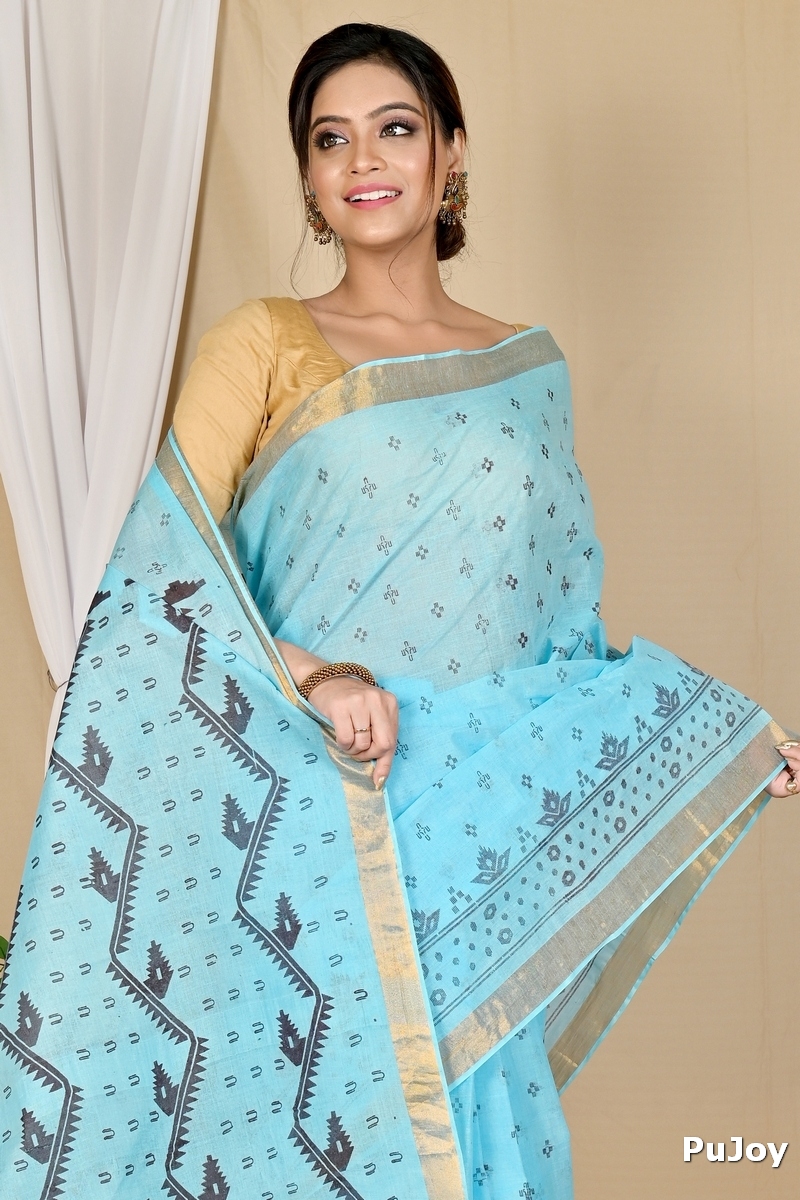 Sky Blue Pure Cotton Luvna Tant Saree Print (1755)