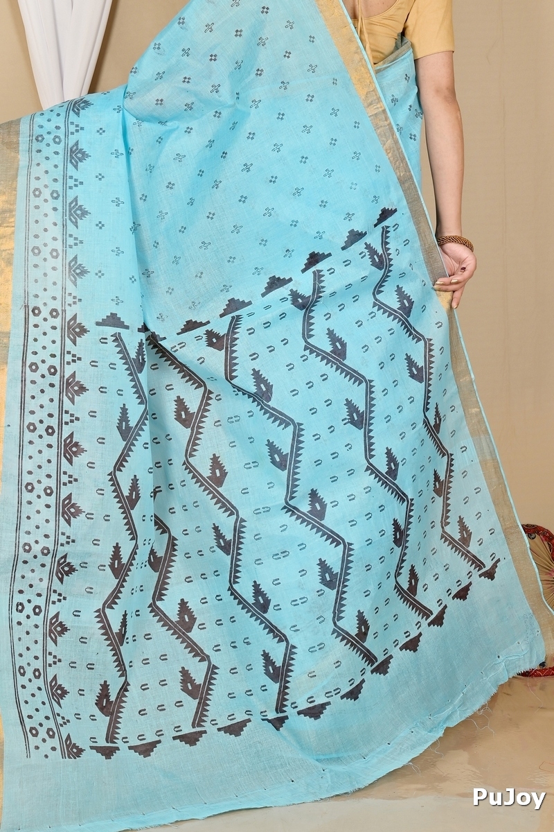 Sky Blue Pure Cotton Luvna Tant Saree Print (1755)