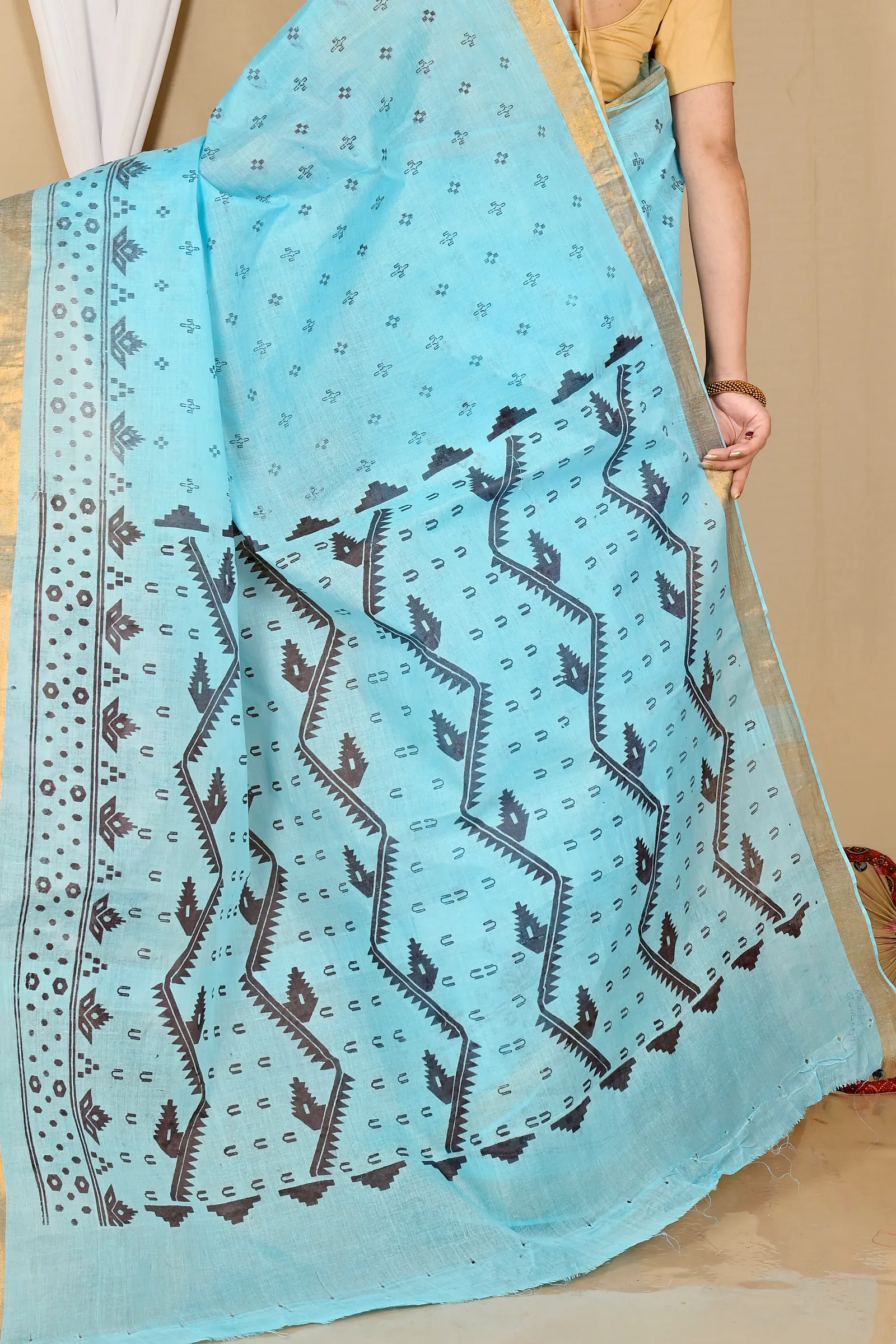 Sky Blue Pure Cotton Luvna Tant Saree Print (1755)